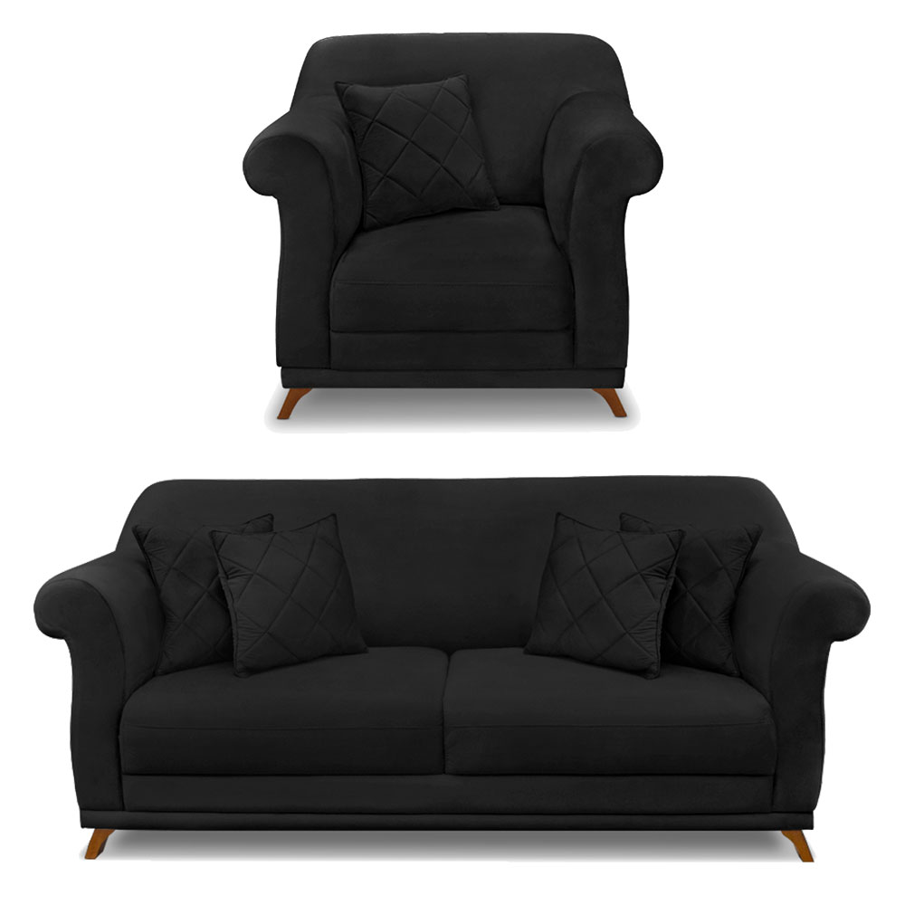 Kit Poltrona e Sofá Living 2 Lugares 1,60m Vênus Suede Preto Pés Castanho - Pallazio