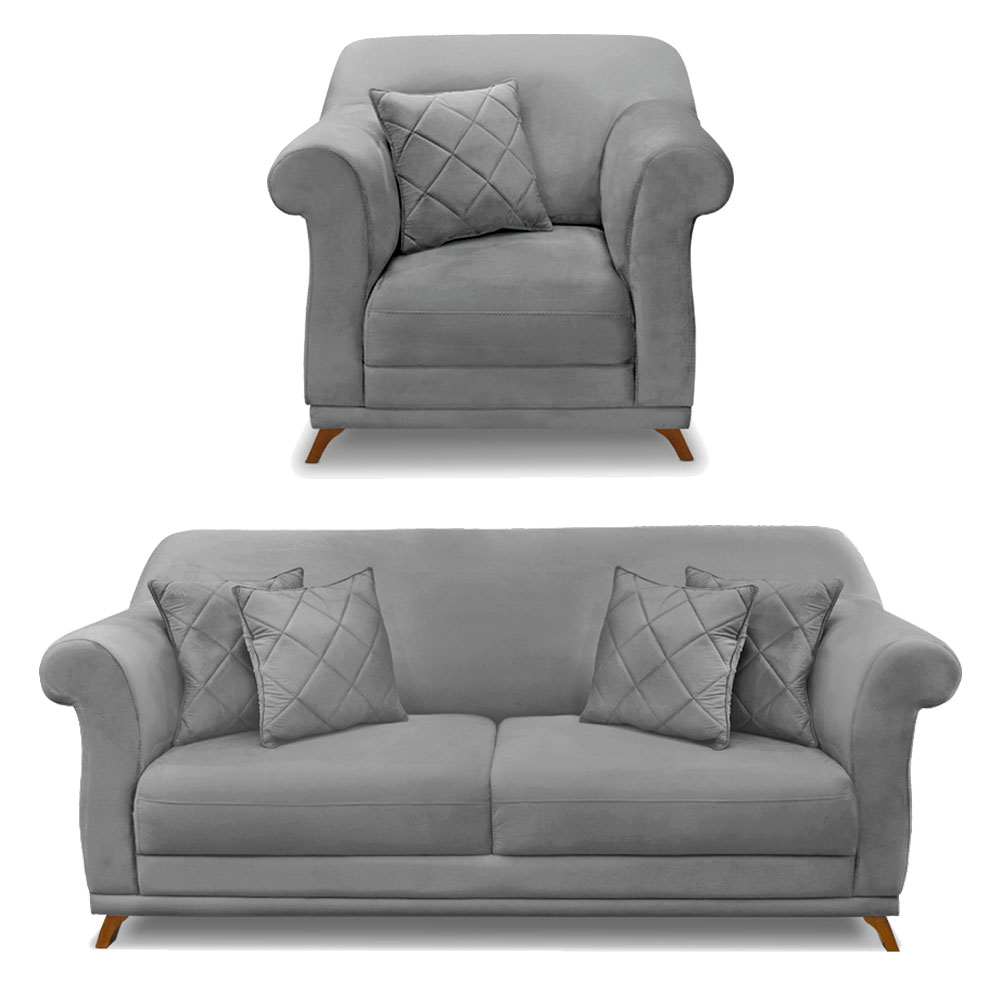 Kit Poltrona e Sofá Living 2 Lugares 1,60m Vênus Veludo Cinza Grafite Pés Castanho - Pallazio