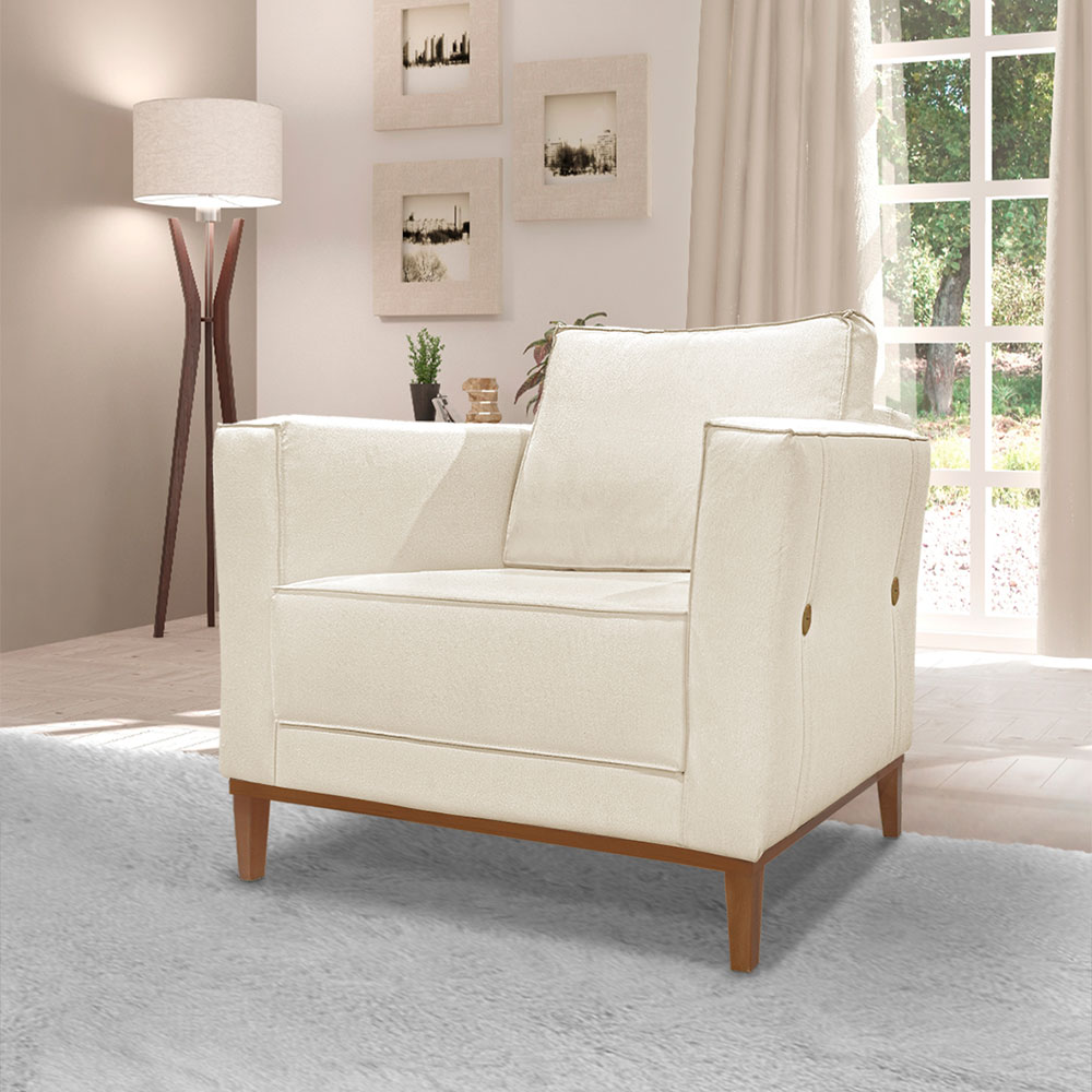 Kit Poltrona e Sofá Living 2 Lugares 1,70m Vega Linho Natural Pés Castanho - Pallazio