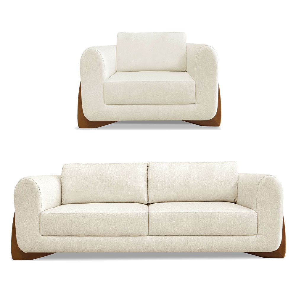 Kit Poltrona e Sofá Living 2 Lugares 1,80m Lottus Linho Natural Pés Castanho - Pallazio