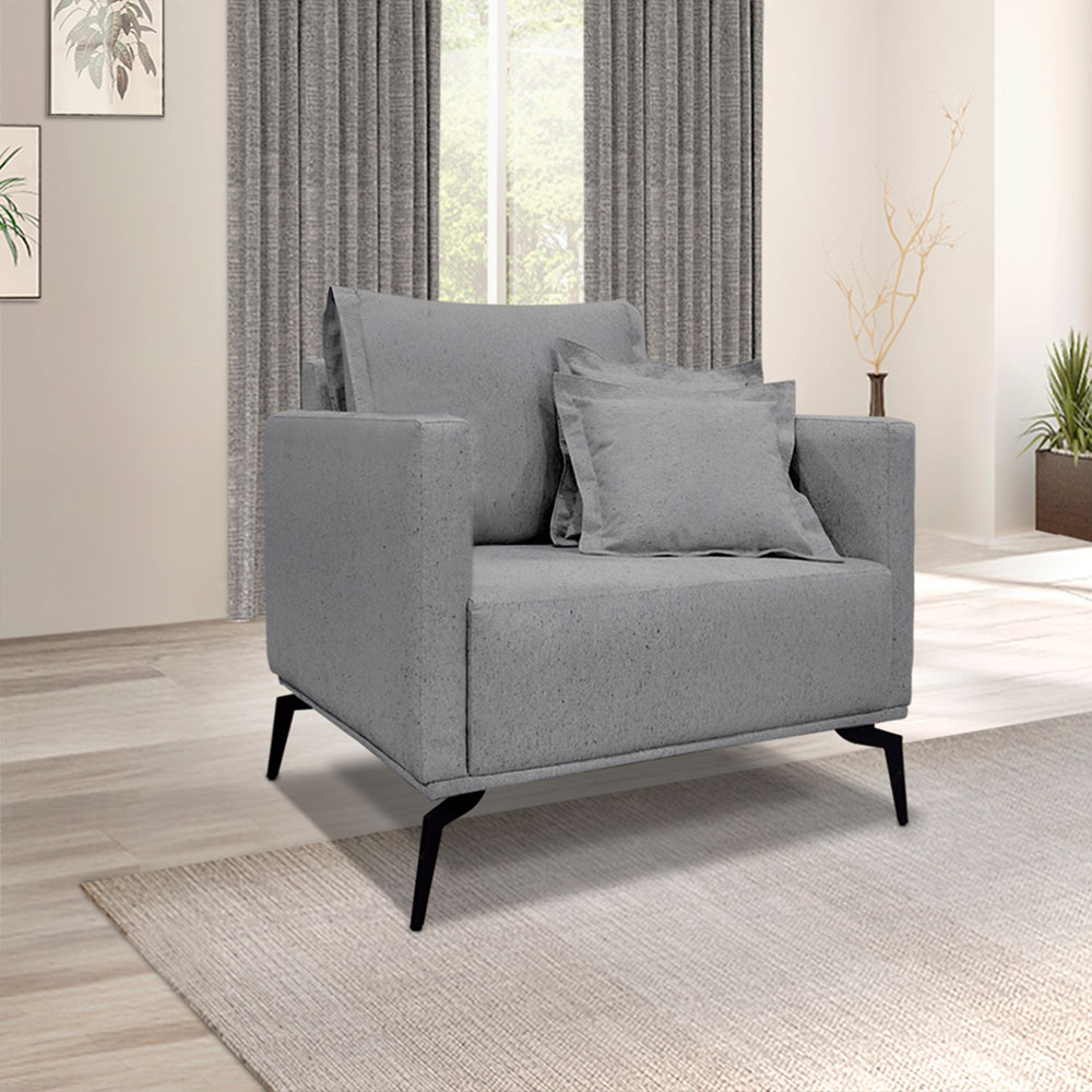 Kit Poltrona e Sofá Living 2 Lugares 1,80m Sirius Linho Grafite Pés Metálicos - Pallazio