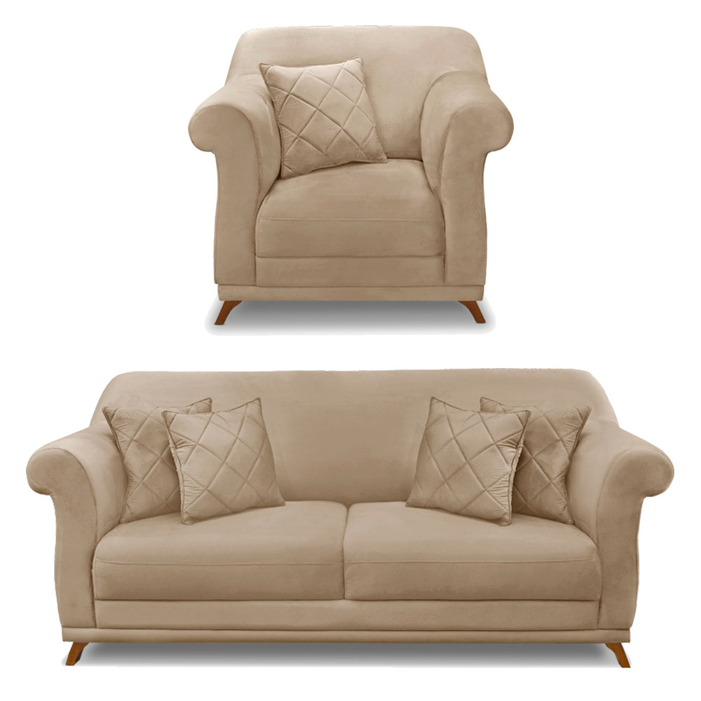 Kit Poltrona e Sofá Living 2 Lugares 1,80m Vênus Suede Bege Pés Castanho - Pallazio