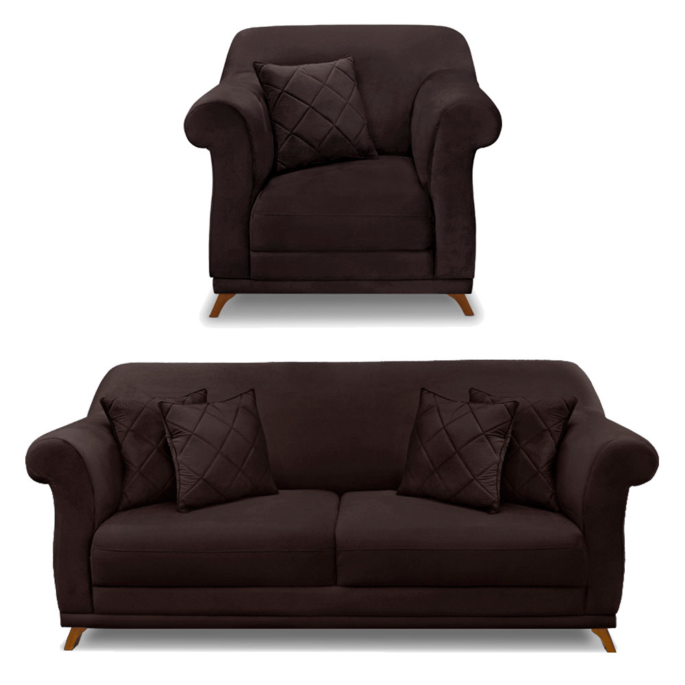 Kit Poltrona e Sofá Living 2 Lugares 1,80m Vênus Suede Marrom Café Pés Castanho - Pallazio