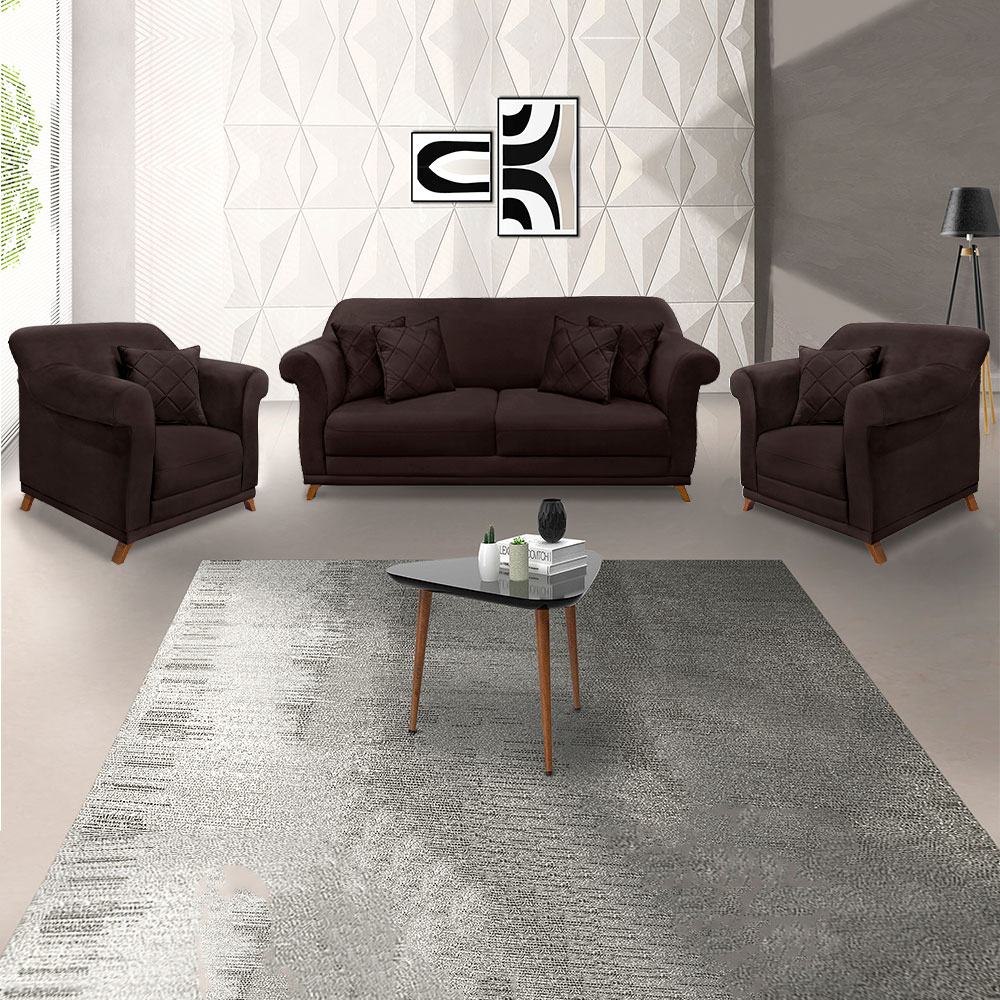 Kit Poltrona e Sofá Living 2 Lugares 1,80m Vênus Suede Marrom Café Pés Castanho - Pallazio