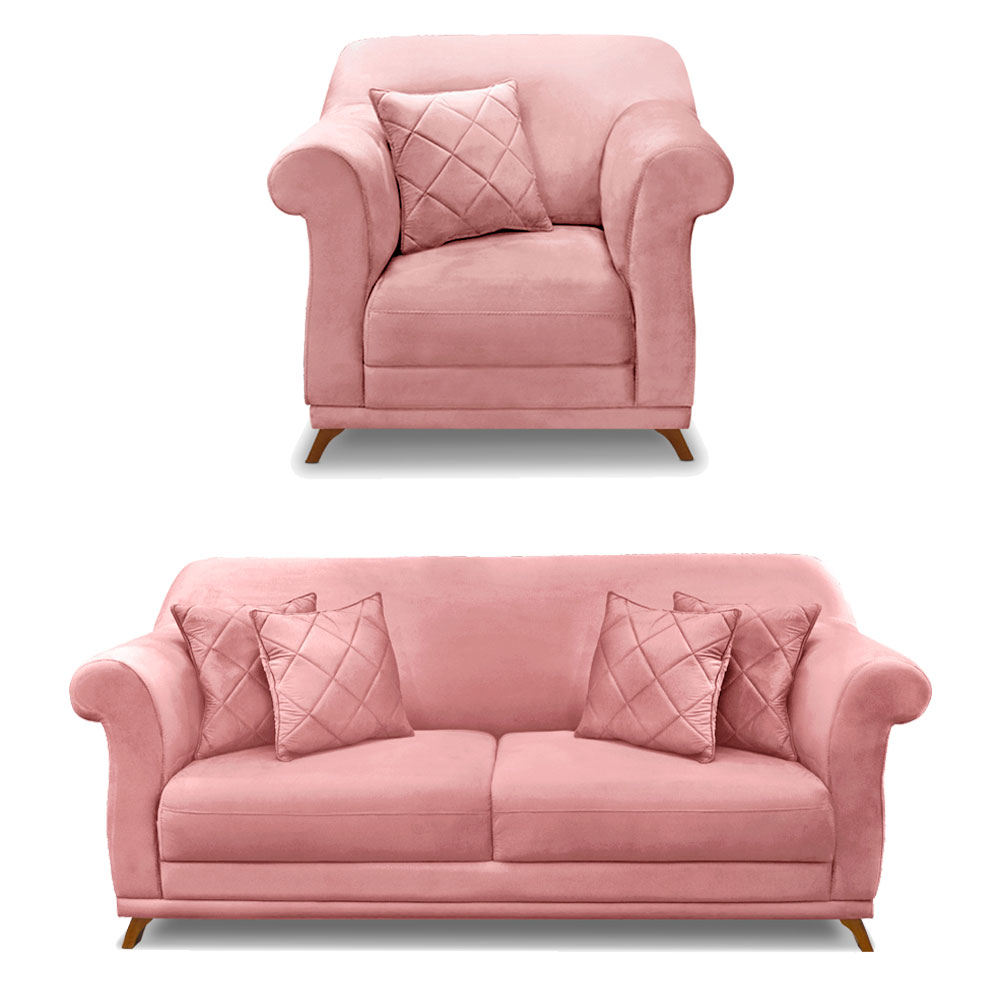Kit Poltrona e Sofá Living 2 Lugares 1,80m Vênus Veludo Rosa Pés Castanho - Pallazio