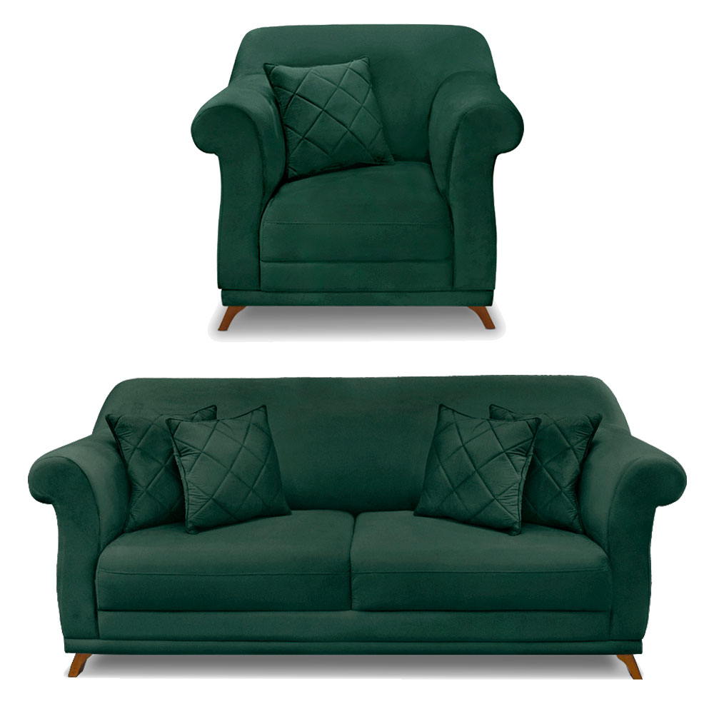 Kit Poltrona e Sofá Living 2 Lugares 1,80m Vênus Veludo Verde Floresta Pés Castanho - Pallazio