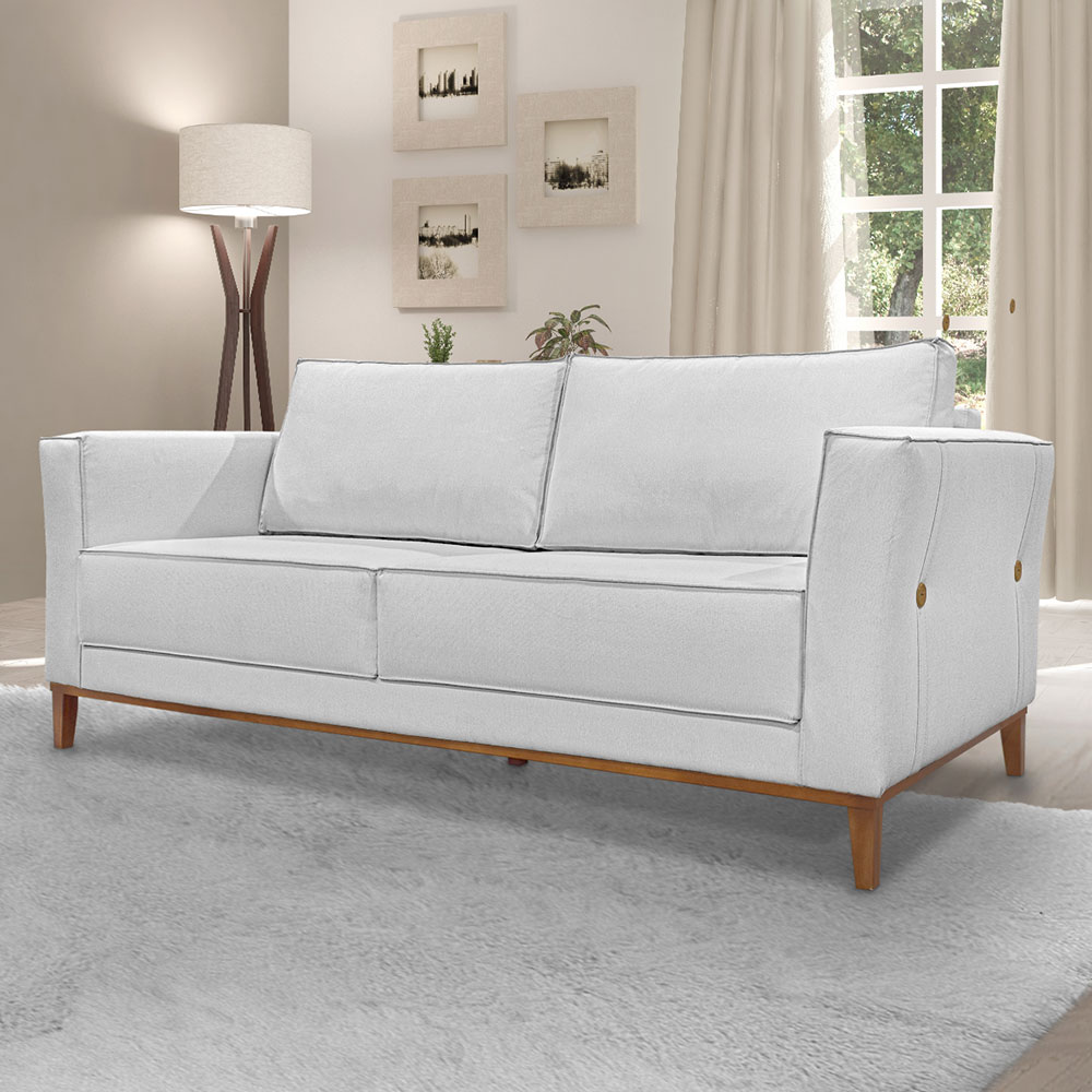 Kit Poltrona e Sofá Living 2 Lugares 1,90m Vega Linho Cinza Pés Castanho - Pallazio
