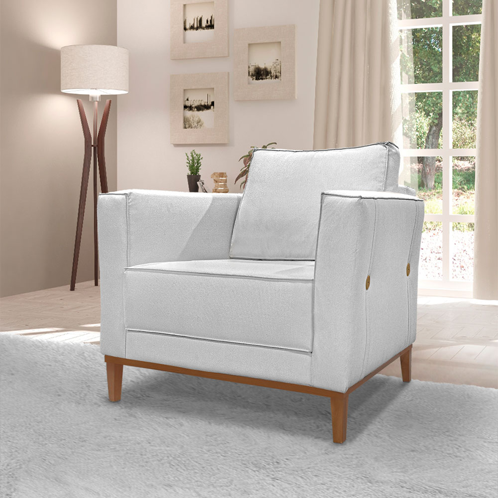 Kit Poltrona e Sofá Living 2 Lugares 1,90m Vega Linho Cinza Pés Castanho - Pallazio