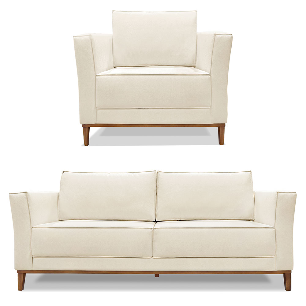 Kit Poltrona e Sofá Living 2 Lugares 1,90m Vega Linho Natural Pés Castanho - Pallazio