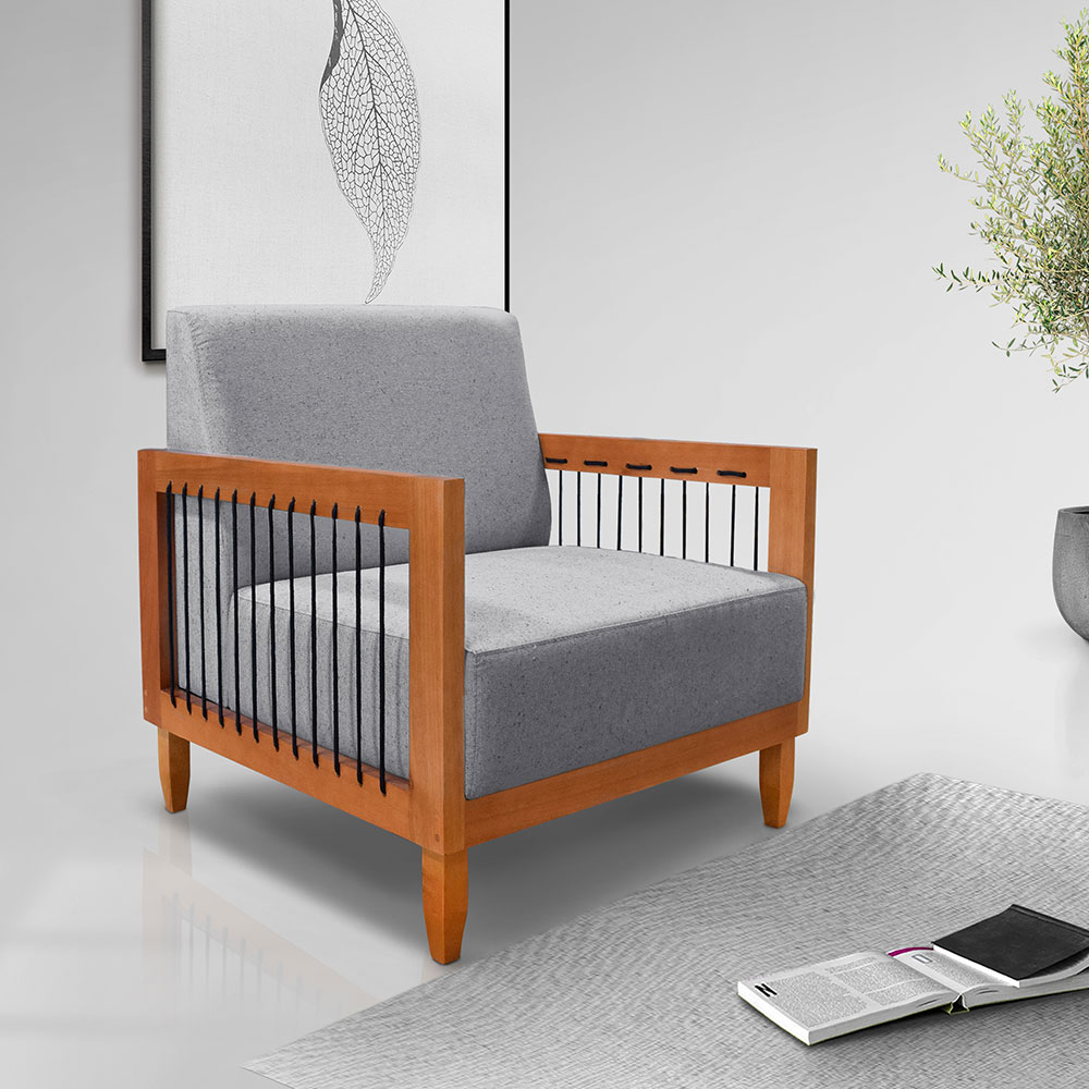 Kit Poltrona e Sofá Living 2 Lugares Marilia 1,60m Linho Grafite Base em Madeira Castanho - Pallazio