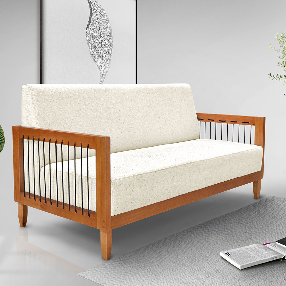 Kit Poltrona e Sofá Living 2 Lugares Marilia 1,60m Linho Natural Base em Madeira Castanho - Pallazio