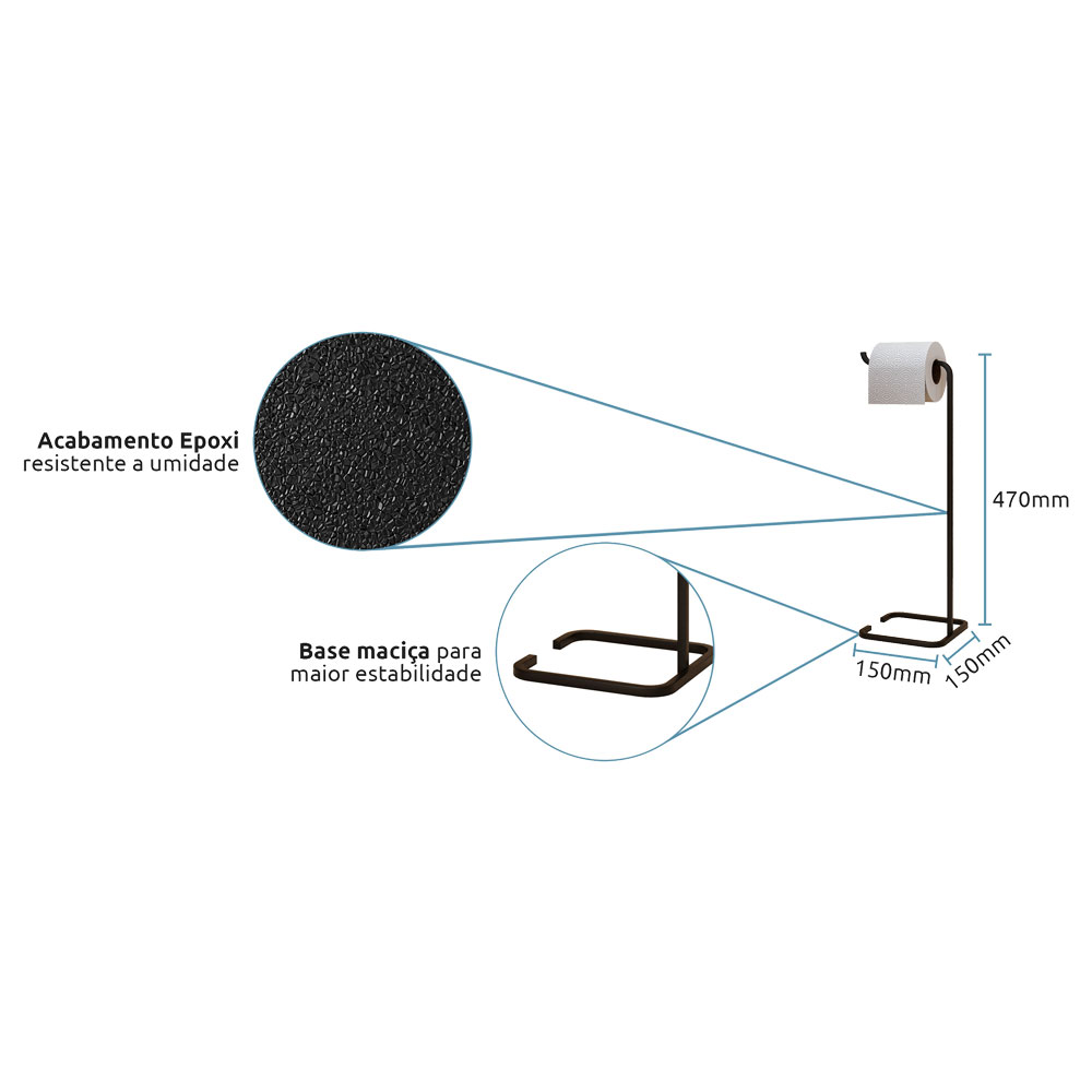 Kit Porta Toalha de Rosto Lixeira 6L e Porta Papel Higiênico Eleganza Metal Preto - Pallazio