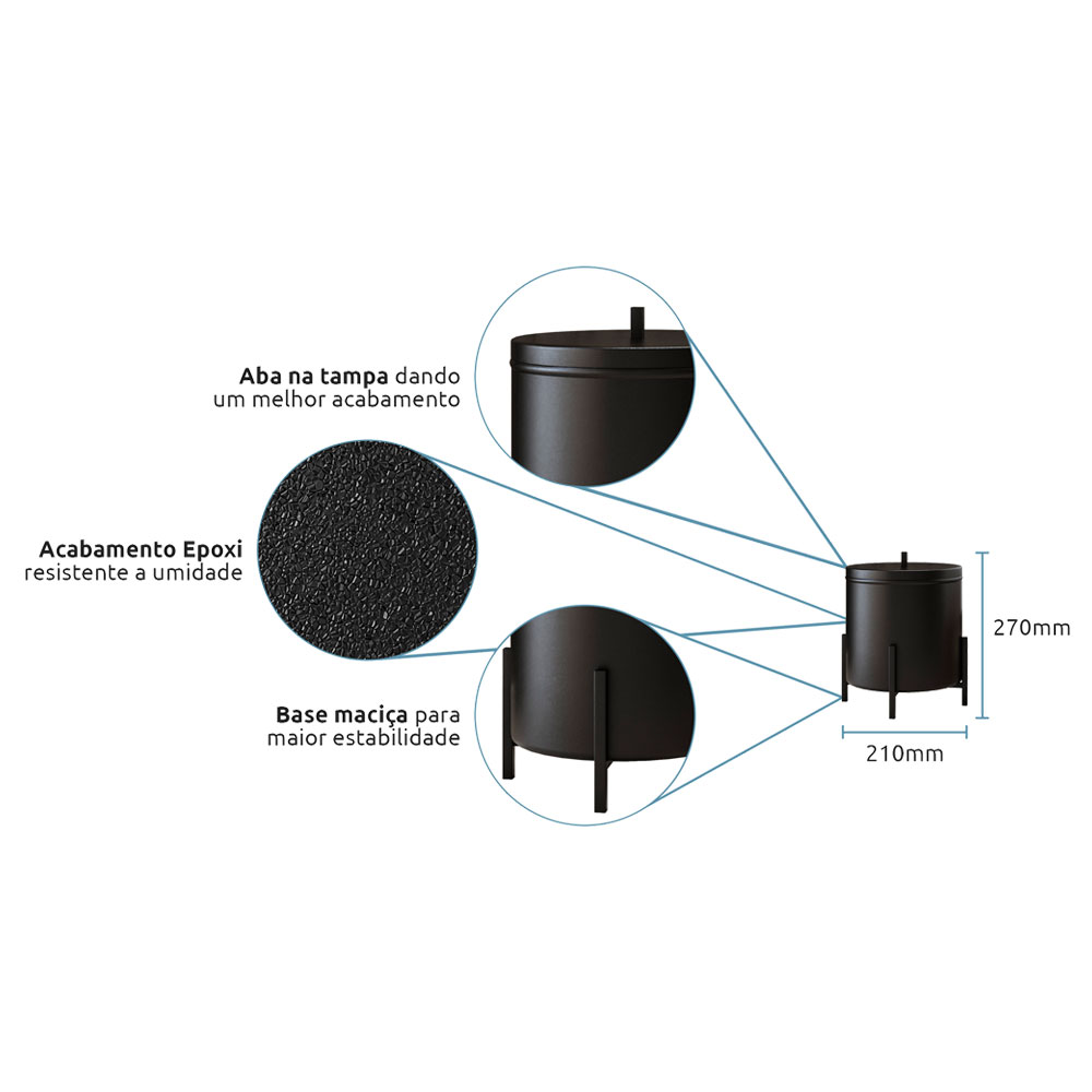 Kit Porta Toalha de Rosto Lixeira 6L e Porta Papel Higiênico Eleganza Metal Preto - Pallazio