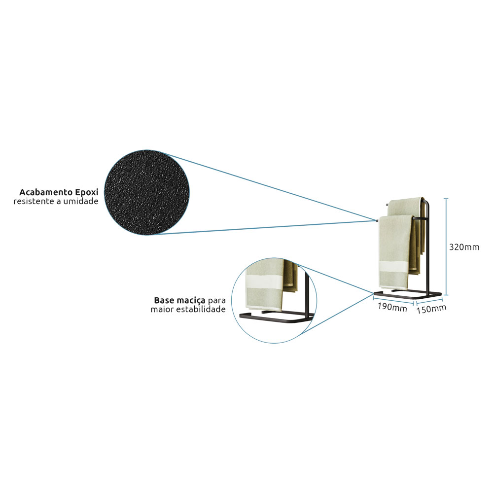 Kit Porta Toalha de Rosto e Lixeira de Banheiro 6L Eleganza Metal Preto - Pallazio
