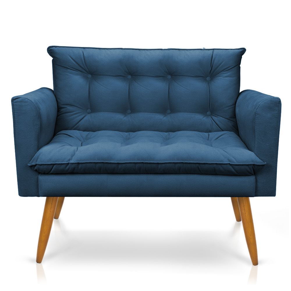 Namoradeira 2 Lugares Olivia Suede Azul Marinho Pés Palito Castanho - Pallazio