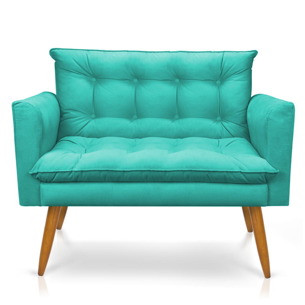 Namoradeira 2 Lugares Olivia Suede Azul Turquesa Pés Palito Castanho - Pallazio