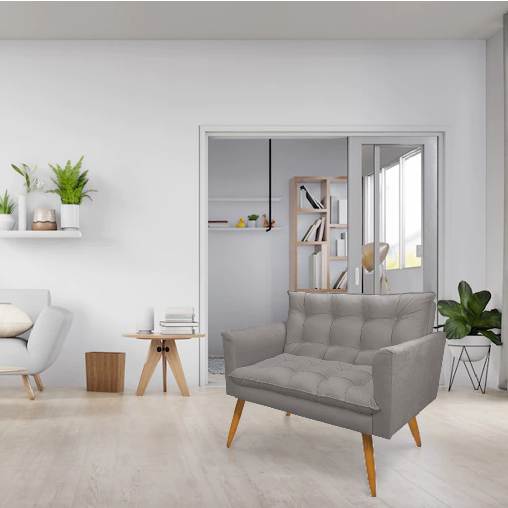 Namoradeira 2 Lugares Olivia Suede Grafite Pés Palito Castanho - Pallazio