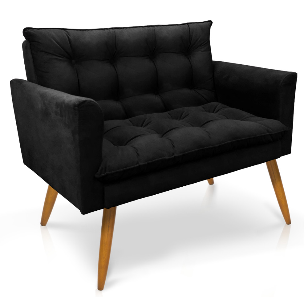 Namoradeira 2 Lugares Olivia Suede Preto Pés Palito Castanho - Pallazio