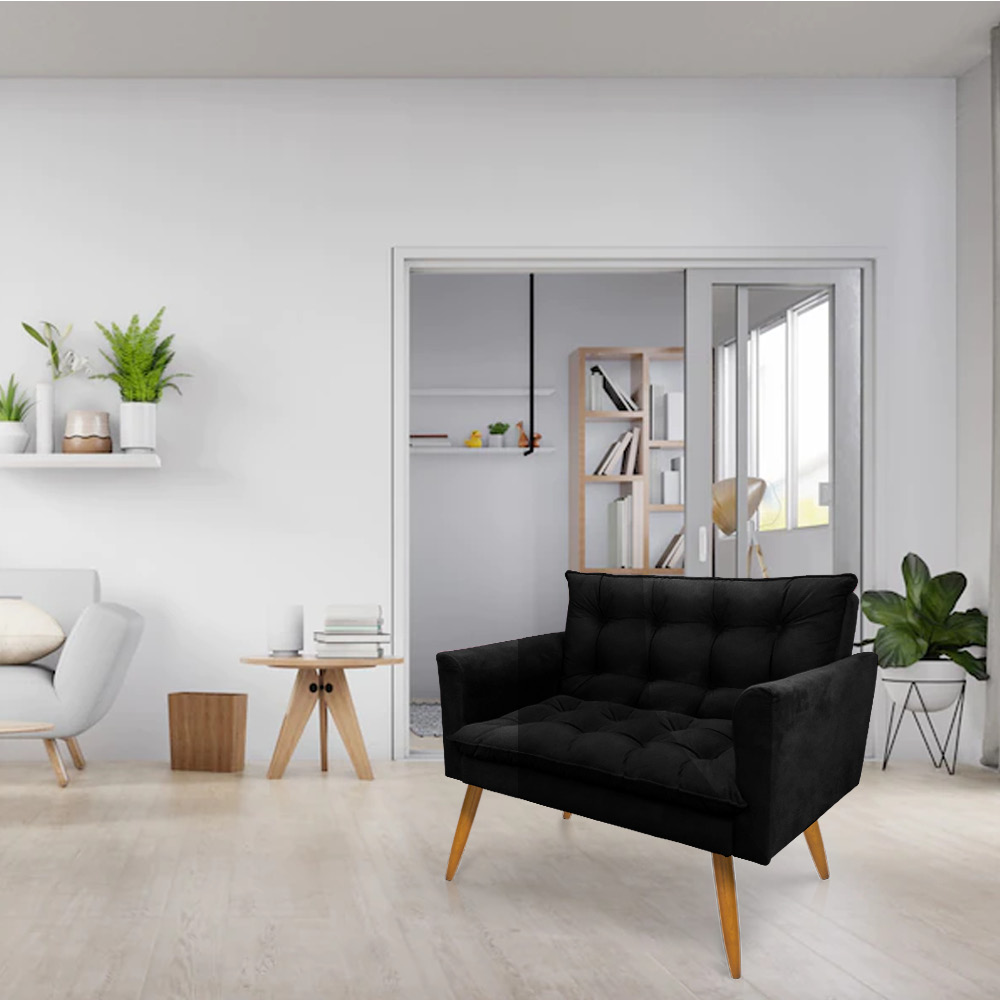Namoradeira 2 Lugares Olivia Suede Preto Pés Palito Castanho - Pallazio