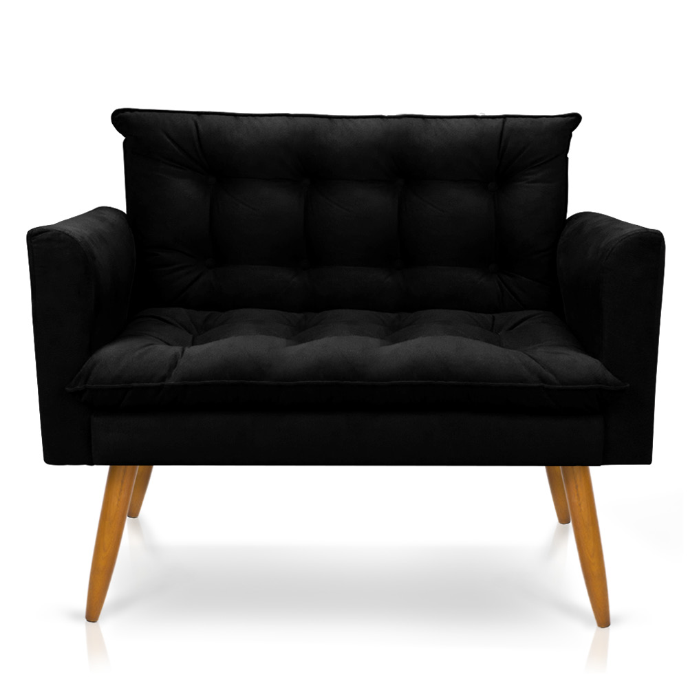 Namoradeira 2 Lugares Olivia Suede Preto Pés Palito Castanho - Pallazio