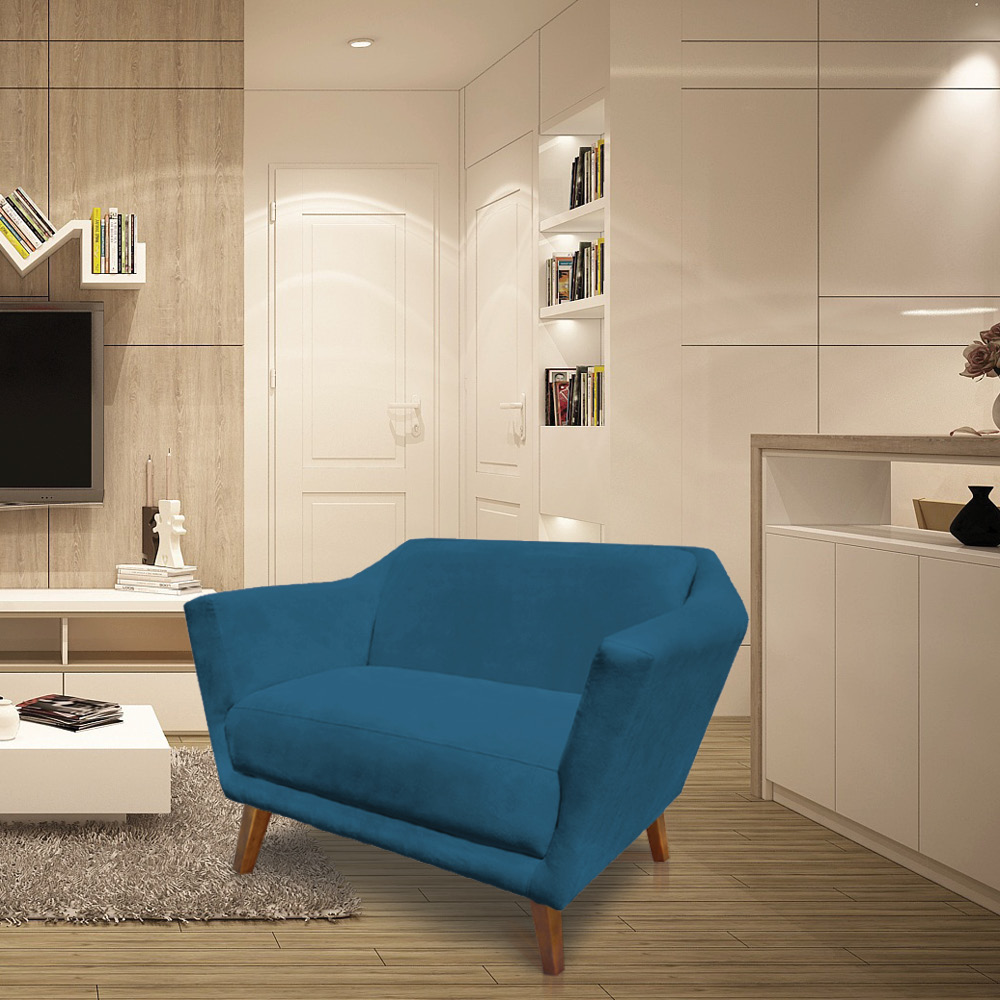 Namoradeira 2 Lugares Pérsia Suede Azul Marinho Pés Chanfrado Castanho - Pallazio