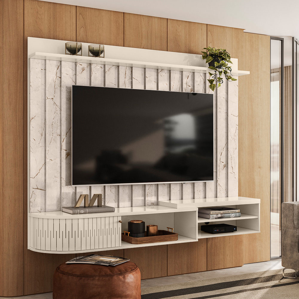 Painel para TV 75 Polegadas com Bancada Suspensa 206cm Monza Calacata/Off White - Pallazio