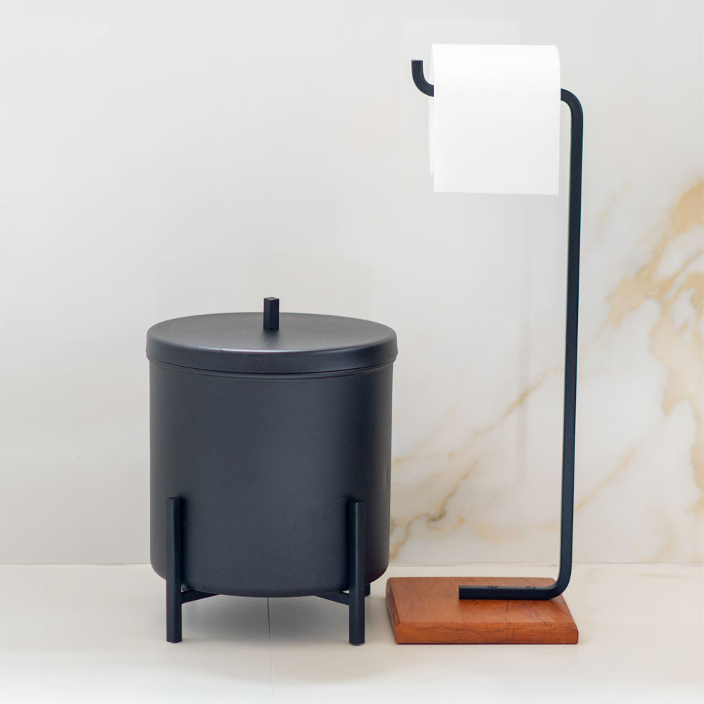 Papeleira Porta Papel Higiênico Eleganza Metal Preto e Madeira - Pallazio