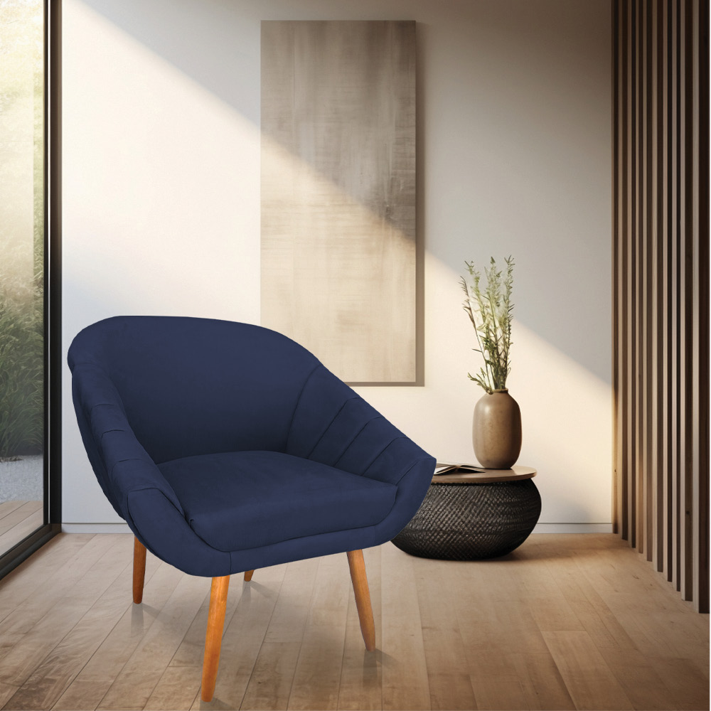 Poltrona Bianca Suede Azul Marinho Pés Palito Castanho - Pallazio