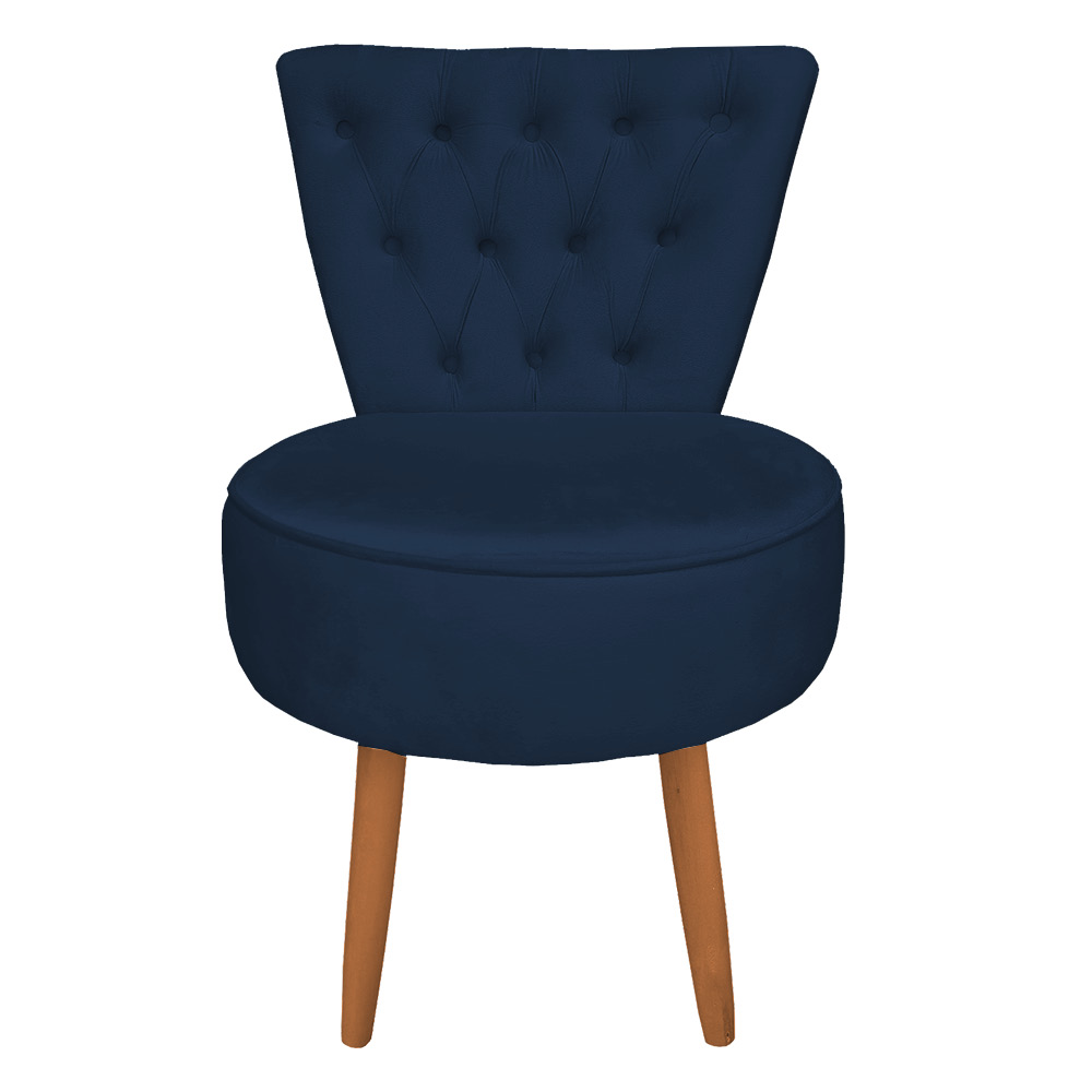 Poltrona Cadeira Decorativa Capitonê Elegância Veludo Azul Marinho Pés Palito Castanho - Pallazio