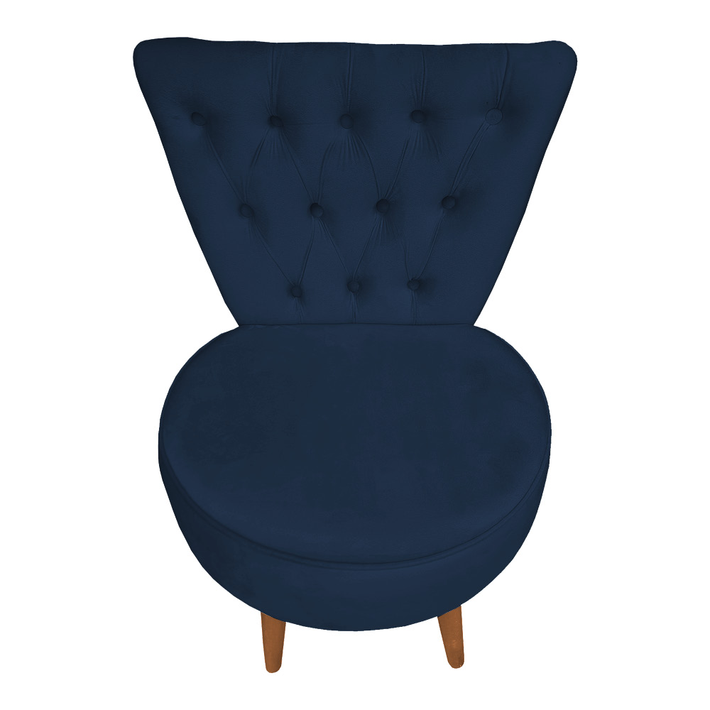 Poltrona Cadeira Decorativa Capitonê Elegância Veludo Azul Marinho Pés Palito Castanho - Pallazio