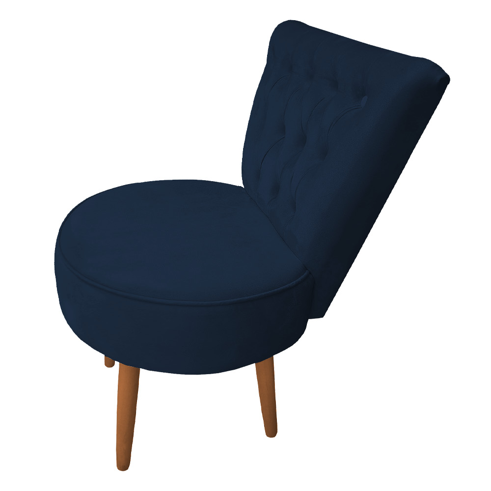 Poltrona Cadeira Decorativa Capitonê Elegância Veludo Azul Marinho Pés Palito Castanho - Pallazio