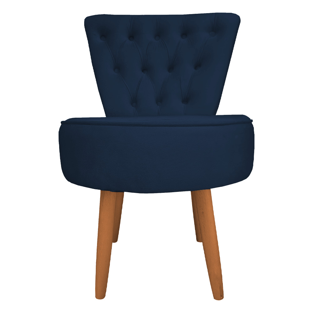 Poltrona Cadeira Decorativa Capitonê Elegância Veludo Azul Marinho Pés Palito Castanho - Pallazio