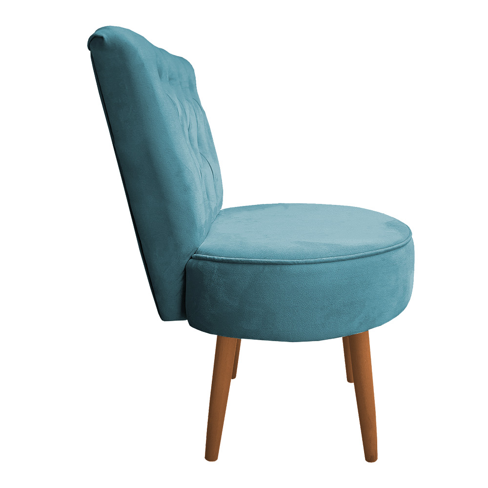 Poltrona Cadeira Decorativa Capitonê Elegância Veludo Azul Turquesa Pés Palito Castanho - Pallazio