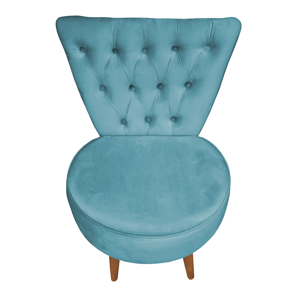 Poltrona Cadeira Decorativa Capitonê Elegância Veludo Azul Turquesa Pés Palito Castanho - Pallazio