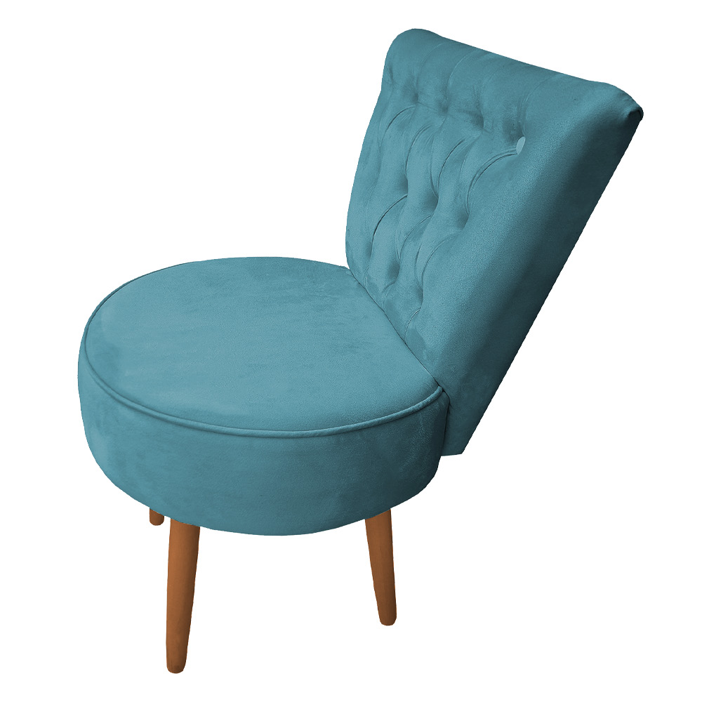Poltrona Cadeira Decorativa Capitonê Elegância Veludo Azul Turquesa Pés Palito Castanho - Pallazio