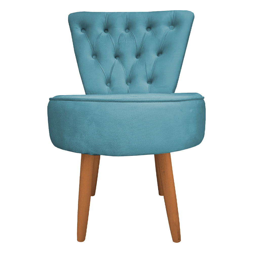 Poltrona Cadeira Decorativa Capitonê Elegância Veludo Azul Turquesa Pés Palito Castanho - Pallazio