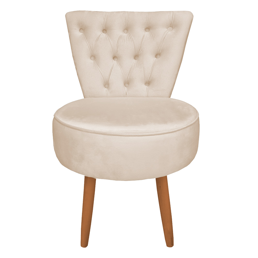 Poltrona Cadeira Decorativa Capitonê Elegância Veludo Bege Pés Palito Castanho - Pallazio