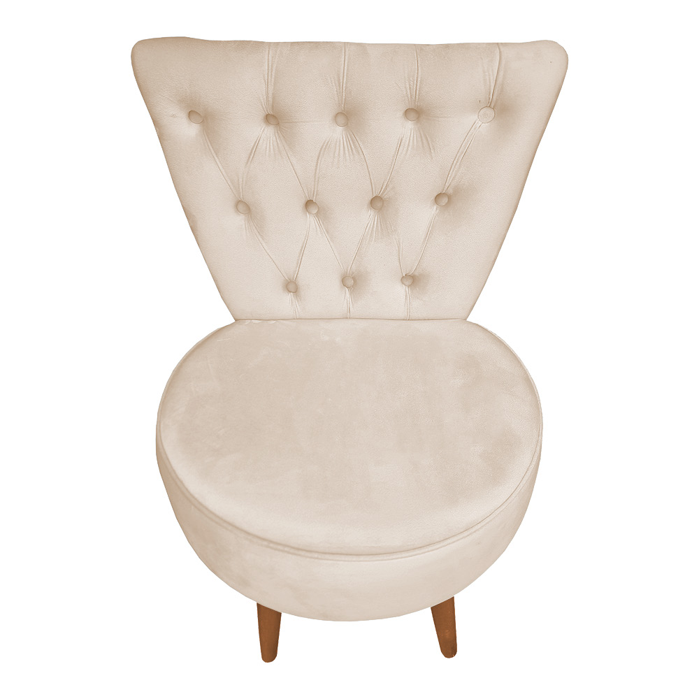 Poltrona Cadeira Decorativa Capitonê Elegância Veludo Bege Pés Palito Castanho - Pallazio