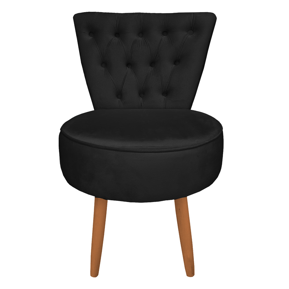 Poltrona Cadeira Decorativa Capitonê Elegância Veludo Preto Pés Palito Castanho - Pallazio