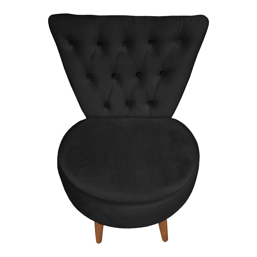 Poltrona Cadeira Decorativa Capitonê Elegância Veludo Preto Pés Palito Castanho - Pallazio