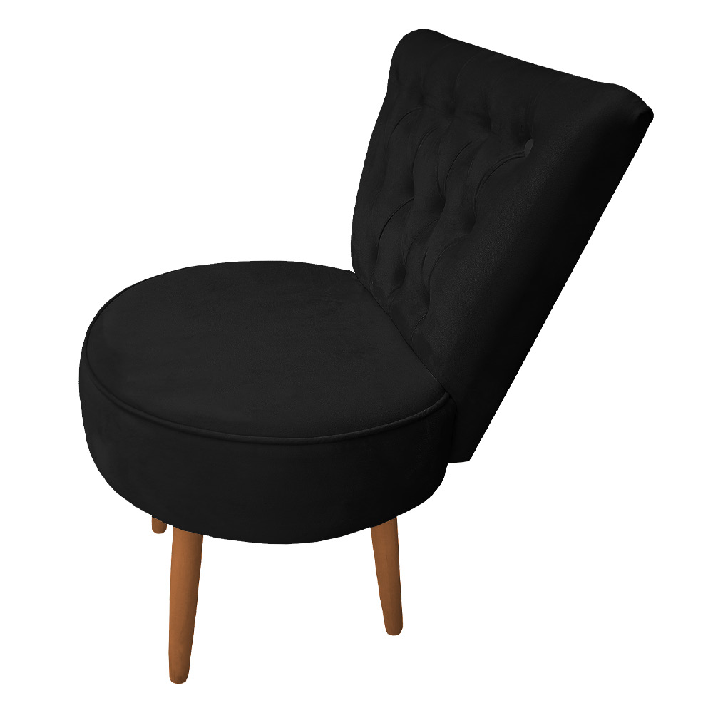 Poltrona Cadeira Decorativa Capitonê Elegância Veludo Preto Pés Palito Castanho - Pallazio
