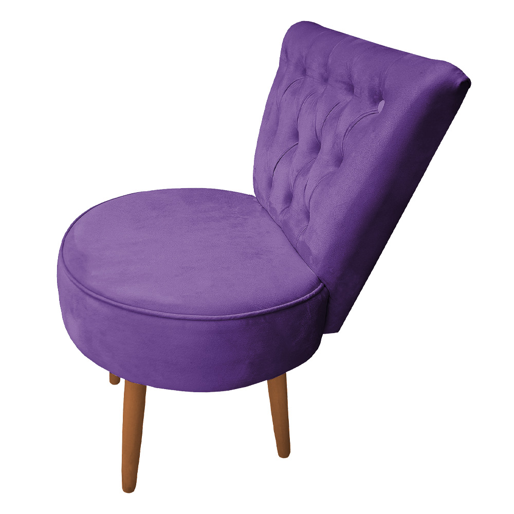 Poltrona Cadeira Decorativa Capitonê Elegância Veludo Roxo Pés Palito Castanho - Pallazio