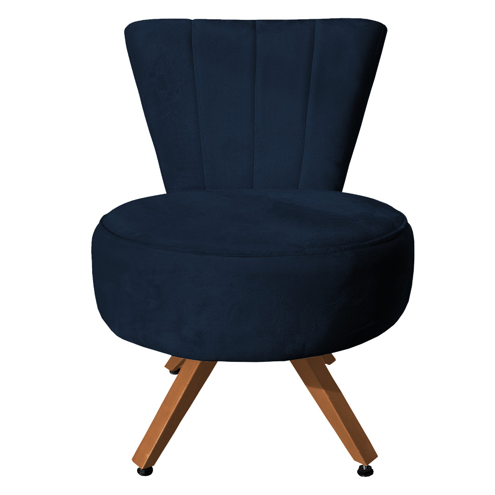 Poltrona Cadeira Decorativa Costurada Elegância Veludo Azul Marinho Base Giratória Castanho - Pallazio