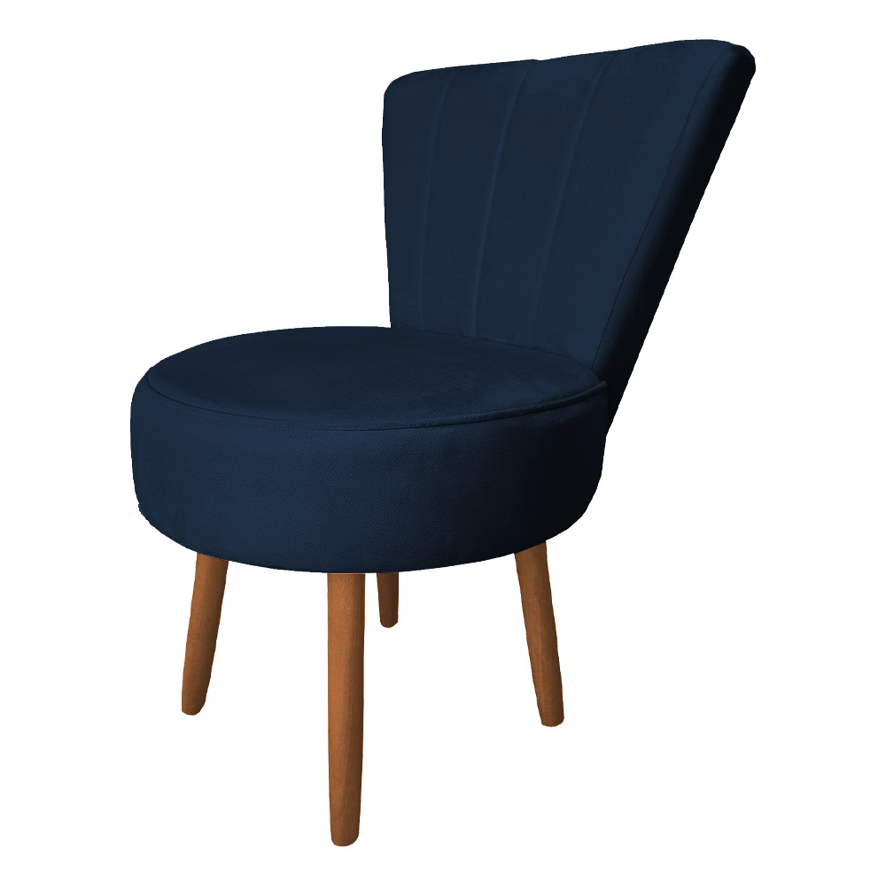 Poltrona Cadeira Decorativa Costurada Elegância Veludo Azul Marinho Pés Palito Castanho - Pallazio
