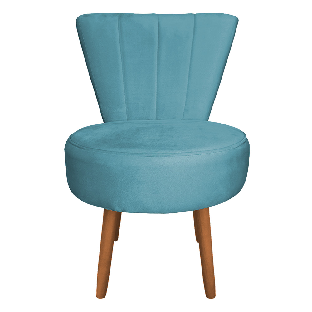 Poltrona Cadeira Decorativa Costurada Elegância Veludo Azul Turquesa Pés Palito Castanho - Pallazio