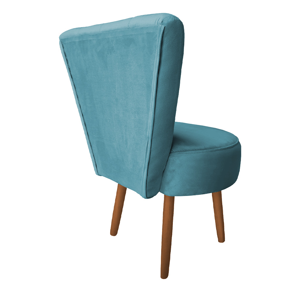Poltrona Cadeira Decorativa Costurada Elegância Veludo Azul Turquesa Pés Palito Castanho - Pallazio