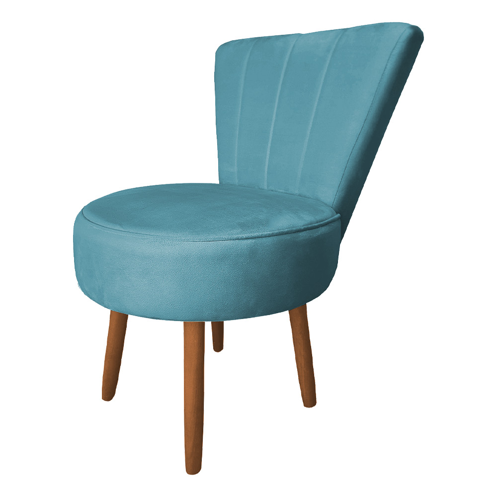 Poltrona Cadeira Decorativa Costurada Elegância Veludo Azul Turquesa Pés Palito Castanho - Pallazio