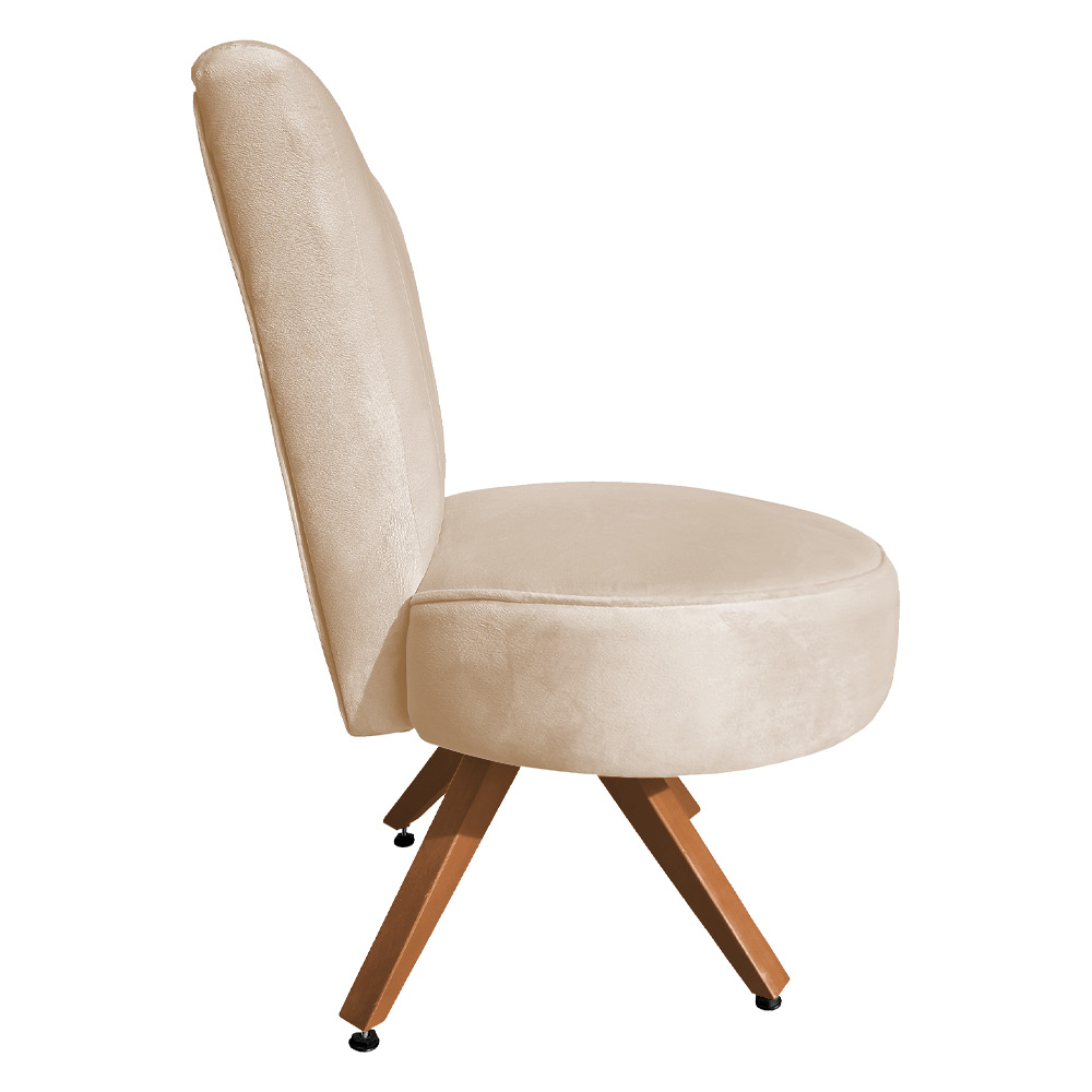 Poltrona Cadeira Decorativa Costurada Elegância Veludo Bege Base Giratória Castanho - Pallazio
