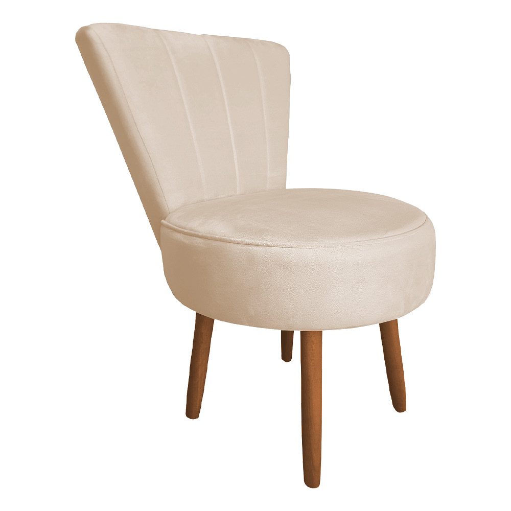Poltrona Cadeira Decorativa Costurada Elegância Veludo Bege Pés Palito Castanho - Pallazio
