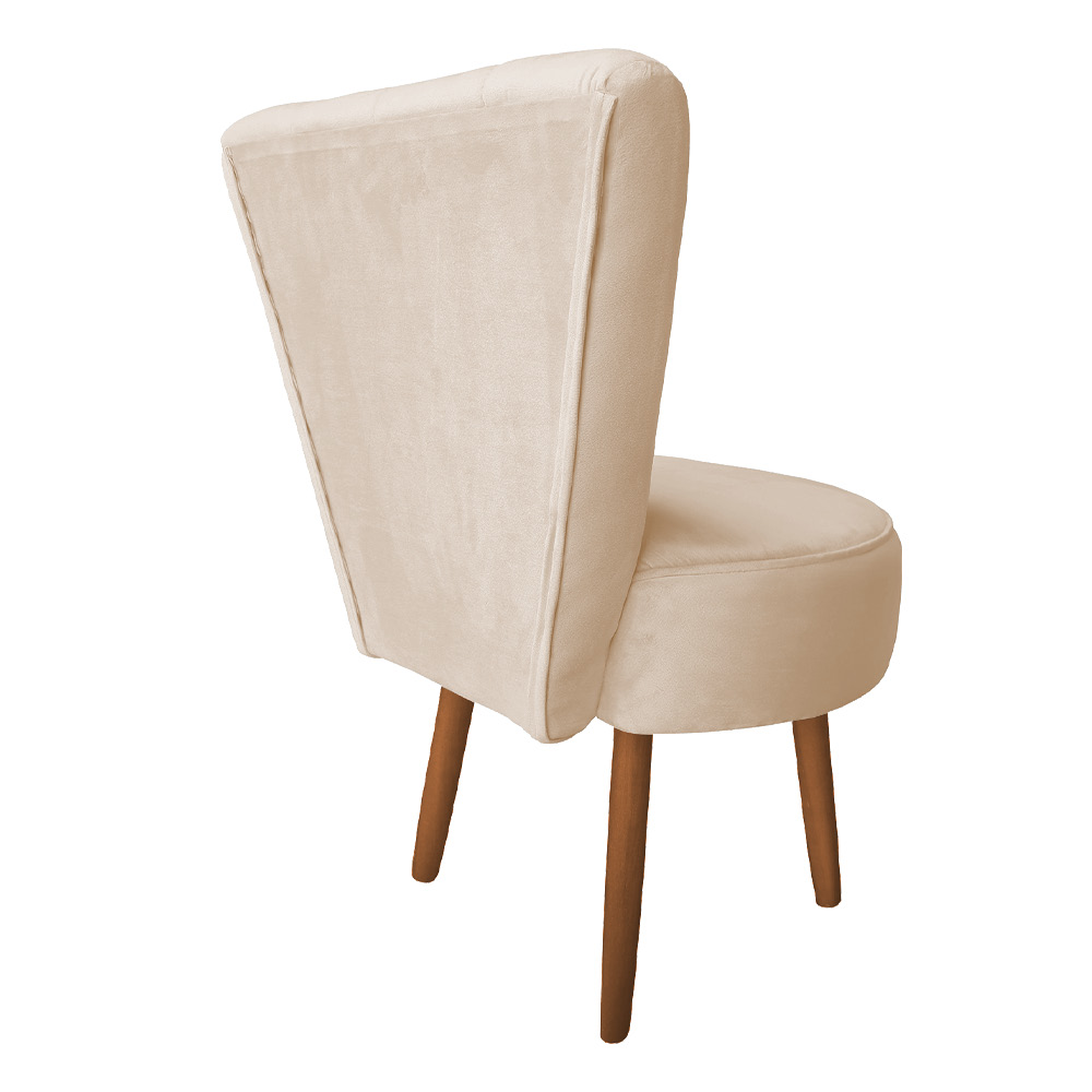 Poltrona Cadeira Decorativa Costurada Elegância Veludo Bege Pés Palito Castanho - Pallazio